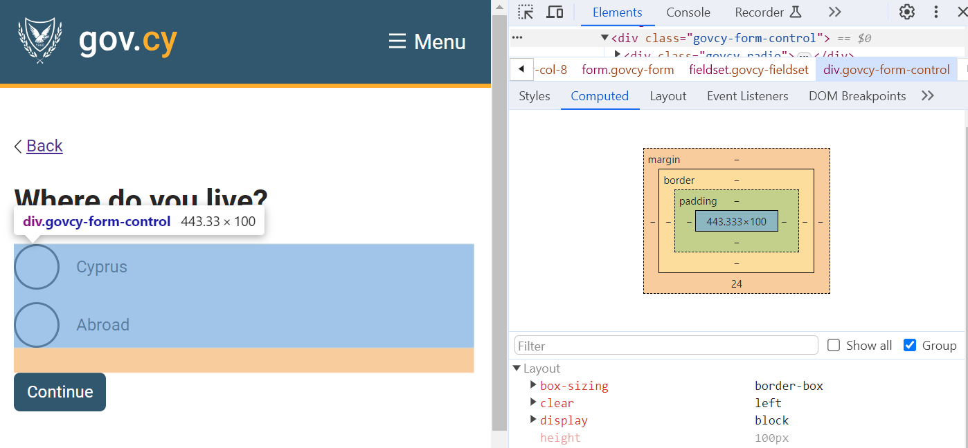 Representation of vertical spacing of a component for smaller screens