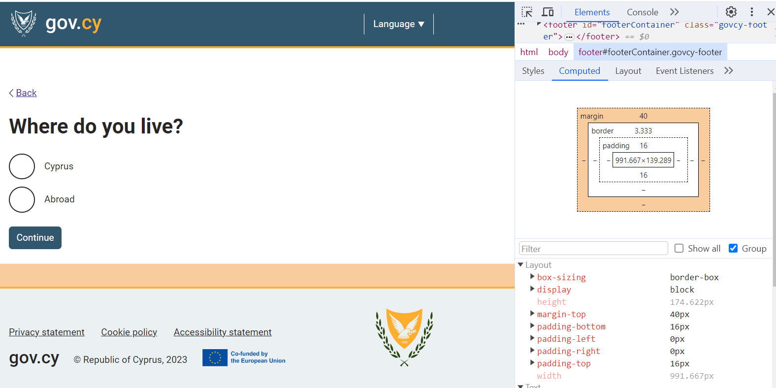 Representation of the footer spacing